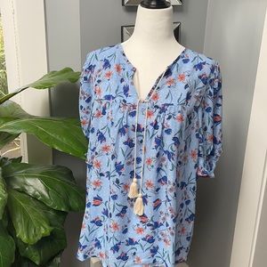 Eclair Flowered Blue Puff Sleeve BLouse NWT